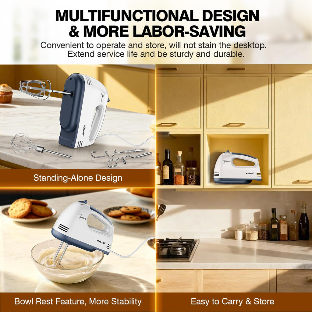 HaooAir Electric Handheld Mixer, 7-Speed Adjustable Kitchen Mixer, 5 Stainless Steel Accessories (2 * Dough Hooks, 2 * Beaters, 1 * Whisk), Perfect for Kitchen and Baking Food Mixers, White
