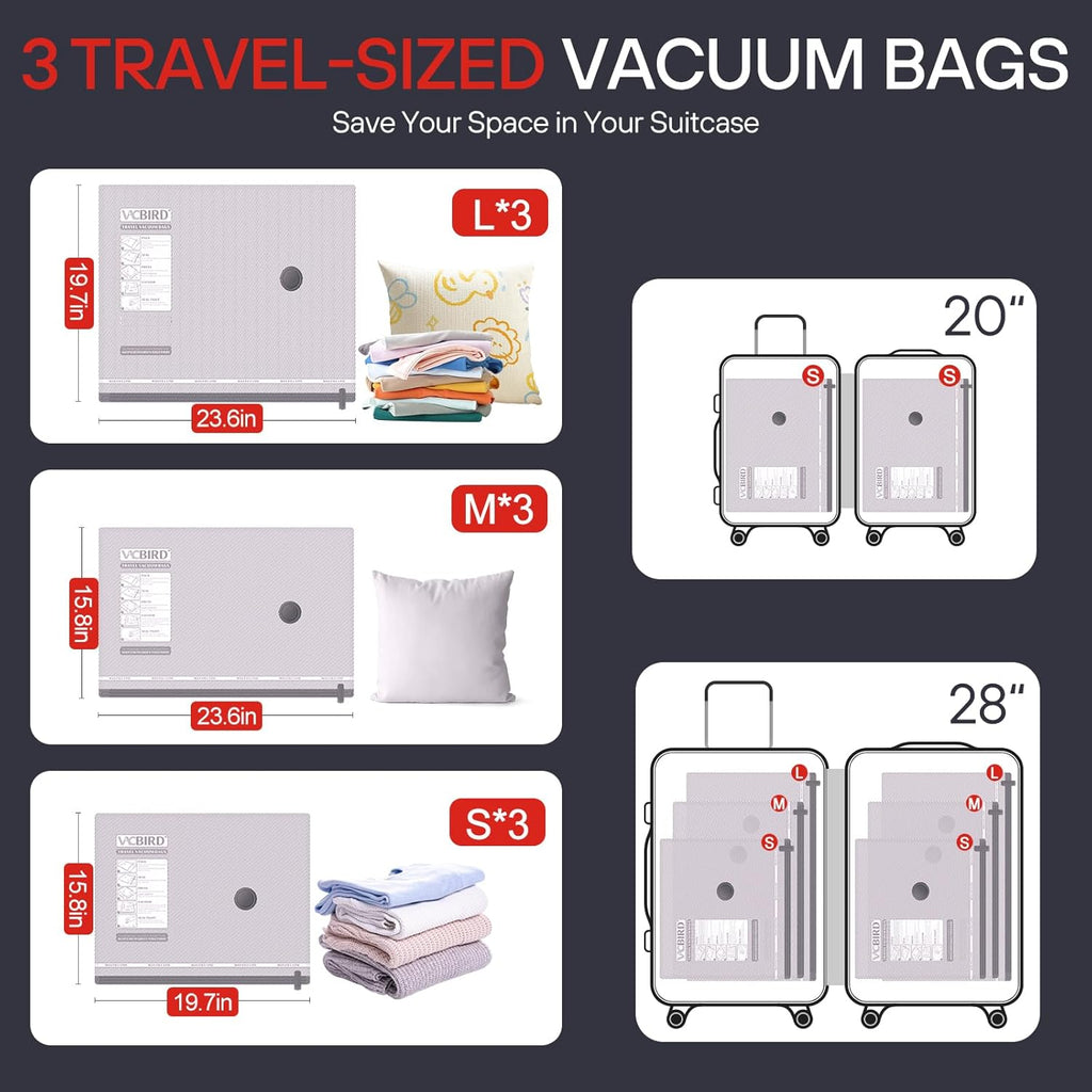 VMstr Vacuum Seal Bags - Space-Saving Travel Compression Bags with Electric Pump | 9-Pack Carry-On Set