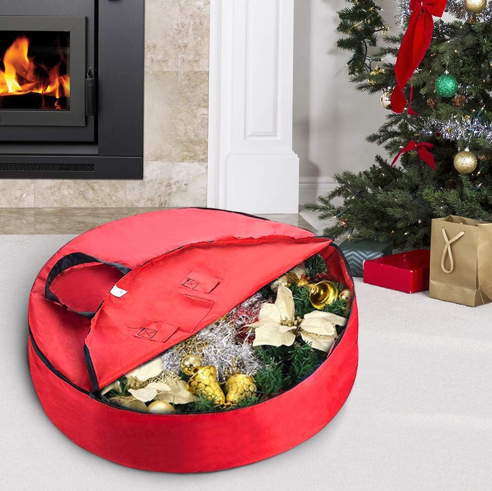 Primode Heavy Duty Christmas Wreath Storage Bag - Durable 600D Oxford Polyester, 24” Red Container with Handles