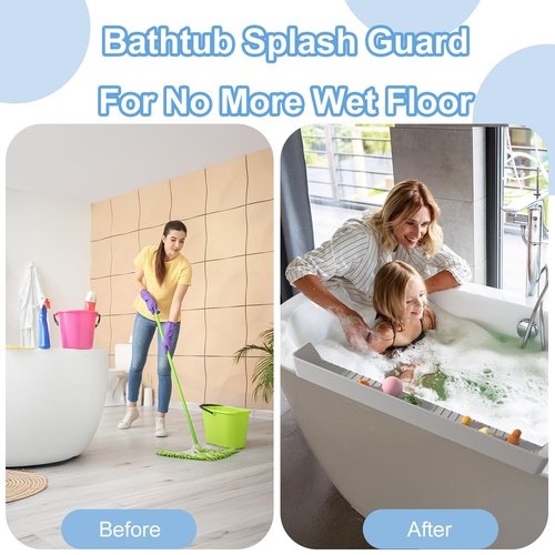 Aqqwxyq Longer Bathtub Splash Guard for Tub Kids, Bathtub Water Guards Play Shelf for Bathing, Toy Tray Caddy Holder for Tub, Silicone Tub Splash Guard Prevent Water Spills in Bathroom (2.6FT, Grey)