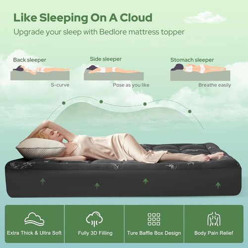 BEDLORE Full Size Mattress Topper - Bamboo Viscose Pillow Top for Back Pain Relief | Dark Gray, Fits 6"-15" Mattresses