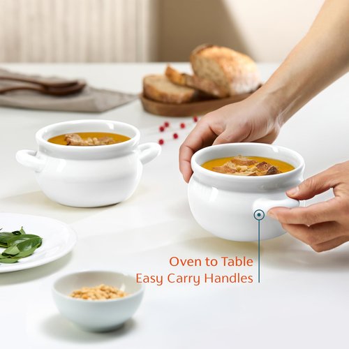 KooK French Onion Soup Crocks with Handles, Ceramic, Dishwasher, Microwave, Oven & Broil Safe, White Set of 4, 18 oz
