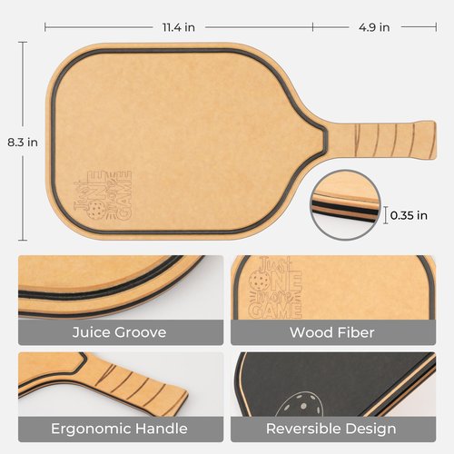 Elihome Pickleball Charcuterie & Cutting Board, Pickleball Gifts for Women Men, Wood Fiber 16 x 8.5, Paddle Shape with Handle, Dishwasher Safe, Reversible Design, Juice Groove "Just One More Game"