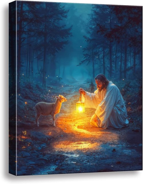 Christian Wall Art Decor - Serenity Prayer & Jesus with Lost Lamb Picture | Inspirational Baptism Gift for All