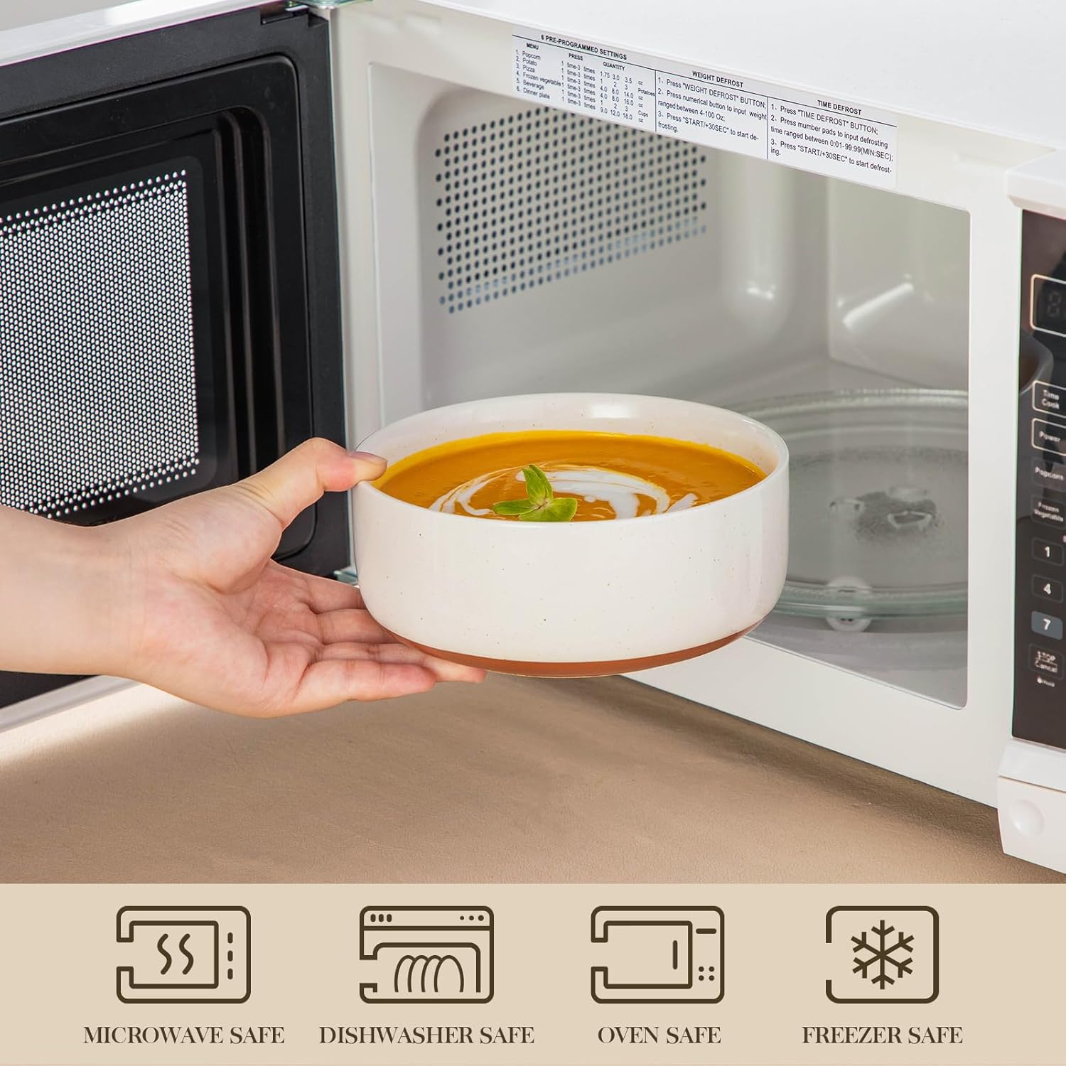 MALACASA Cereal Bowls Set - 24 OZ Ceramic Soup & Breakfast Bowls | Dishwasher & Microwave Safe, Khaki White