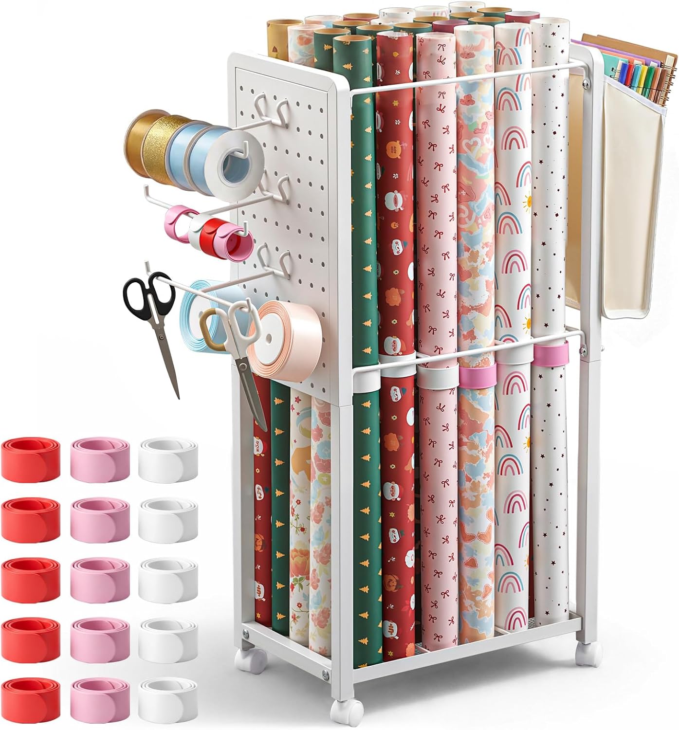 Skiennix Wrapping Paper Storage Organizer - Rolling Cart with Lockable Wheels & 15 Slap Bands | Fabric Drawer & Ribbon Holder