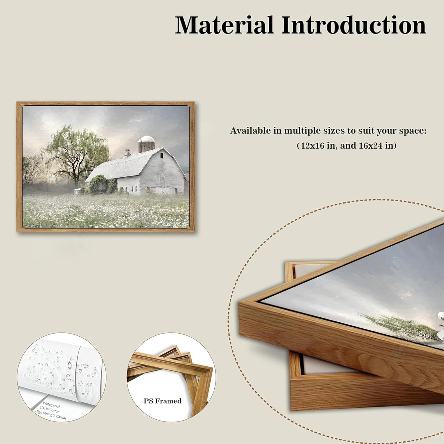 Skiennix Rustic Farmhouse Canvas Wall Art - White Barn Wildflower Landscape Painting | 16x12 in for Bedroom & Living Room Decor