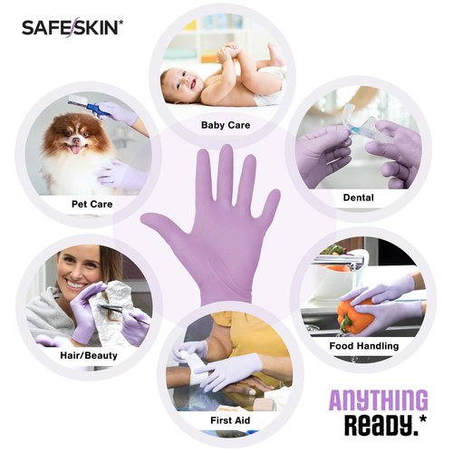 SAFESKIN Nitrile Disposable Gloves, 200 Count, Light Duty, Medium Size, Powder Free - For Food Handling, First Aid, Hair Coloring, Baby and Pet Care - Premium Medical Exam Gloves