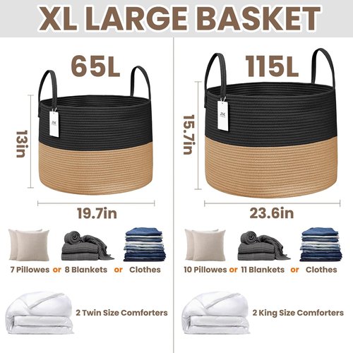 JMvicyroam Extra Large Blanket Basket - Woven Cotton Rope Laundry Hamper with Reinforced Handles | Black & Jute, Machine Washable Storage Bin for Pillows, Comforters & Toys