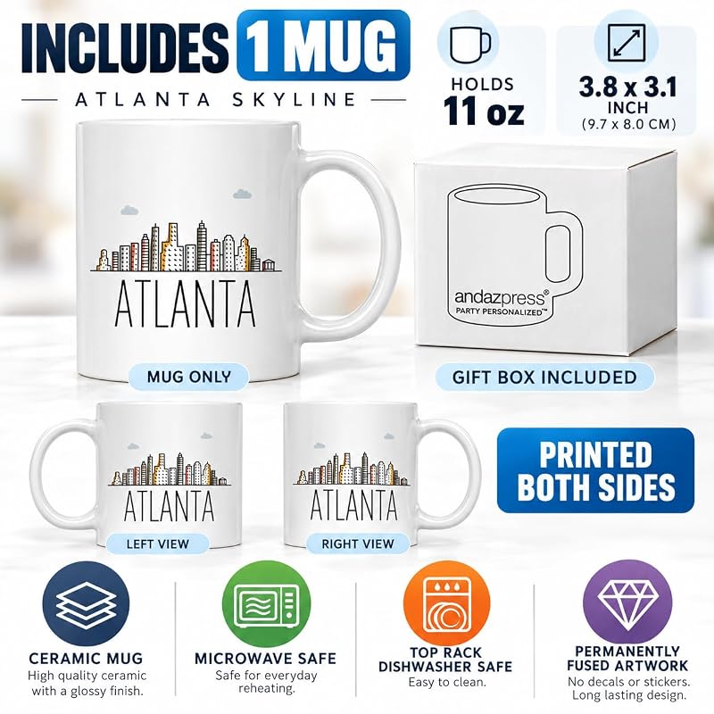 Atlanta 11oz Ceramic Coffee Mug with Gift Box – Colorful City Skyline, Andaz Press