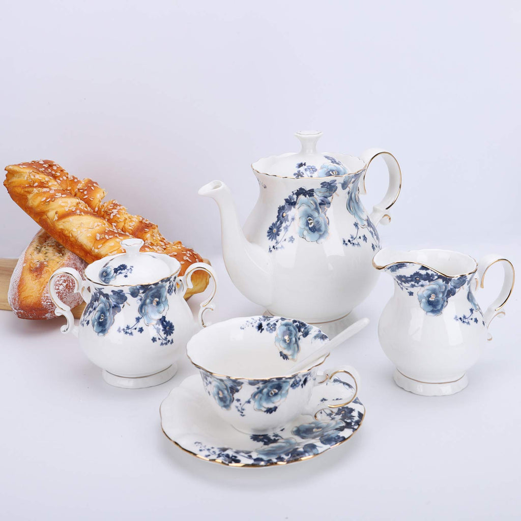 fanquare 21 Pieces Blue Rose British Afternoon Tea Set, Romantic Wedding Birthday Gift Tea Set, Porcelain Coffee Set for Adults