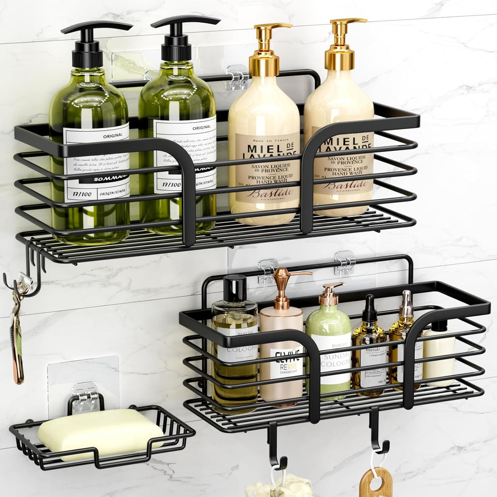 Yougai Shower Caddy - Rustproof Wall-Mounted Organizer with Soap Holder & Hooks | Black