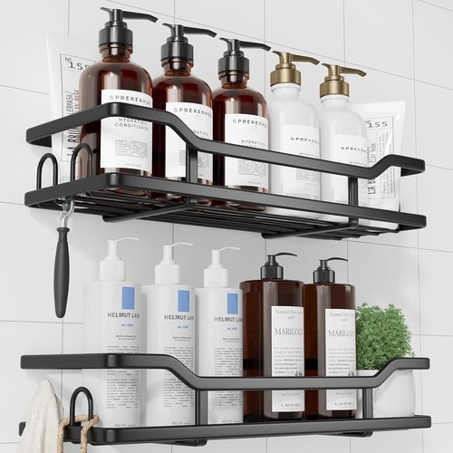 Kitsure Shower Caddy - No-Drill Organizer with 8 Hooks | Rustproof Stainless Steel, Black - 2 Pack