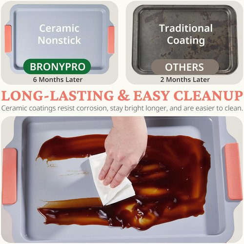 BRONYPRO Non-Stick Ceramic Baking Sheet Set - Heavy-Duty PFOA & PTFE Free Cookie Trays | 3-Piece Coral