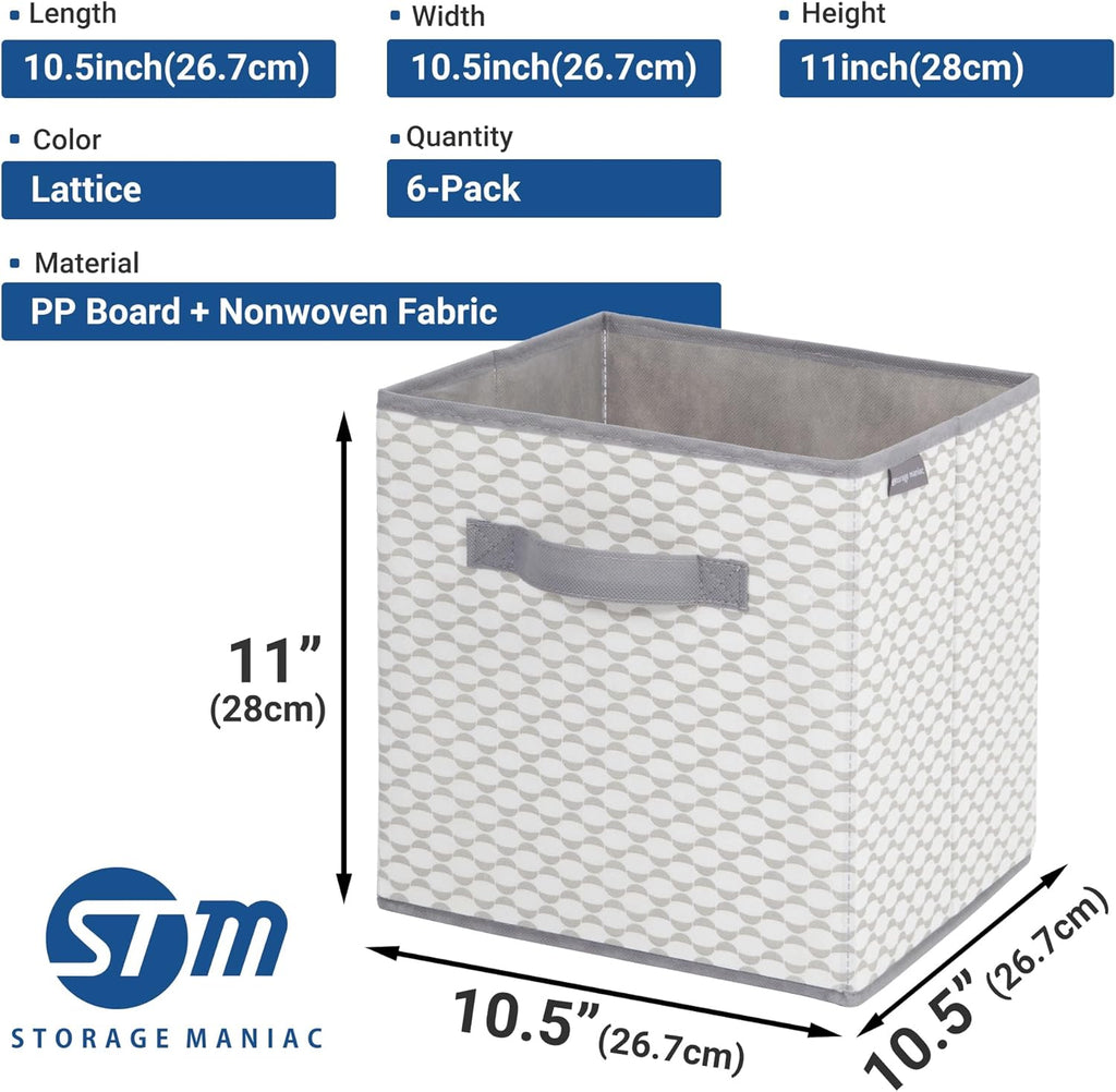 Storage Maniac Storage Cubes - Collapsible Fabric Bins with Handles | 6 Pack, 11 Inch Lattice for Organization