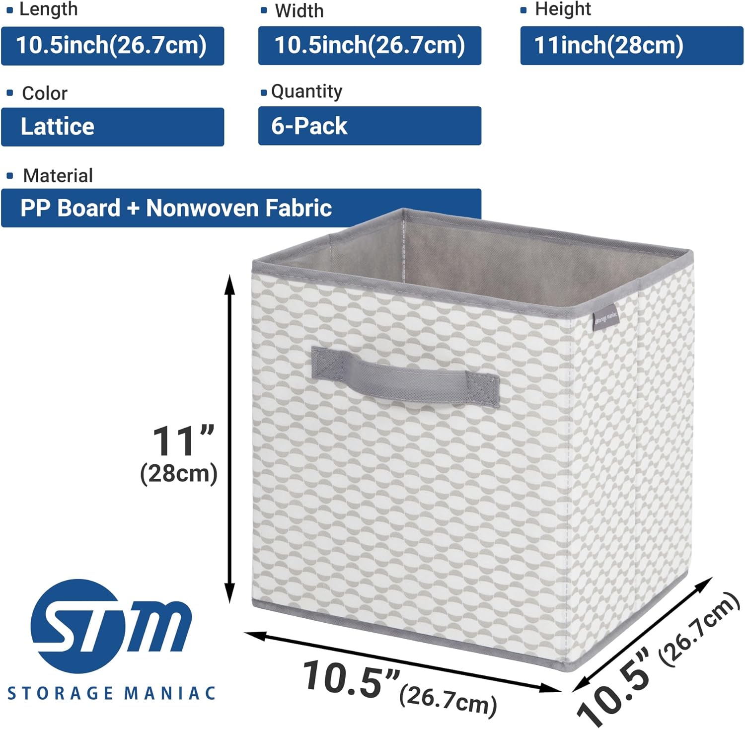 Storage Maniac Storage Cubes - Collapsible Fabric Bins with Handles | 6 Pack, 11 Inch Lattice for Organization