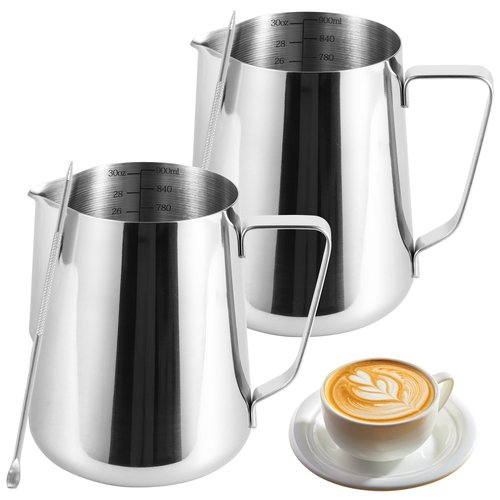 2 Pack Milk Frothing Pitcher 900ml 32oz Steaming Pitchers Stainless Steel Milk/Coffee/Cappuccino/Latte Art Steam Pitchers Milk Jug Cup with Art Pen(2)