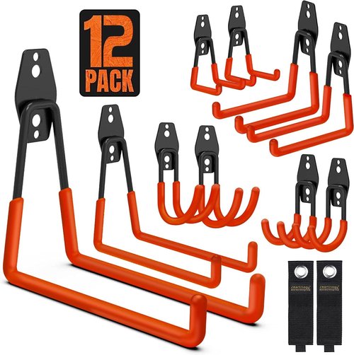 Garage Hooks - Heavy Duty Wall Storage Hanger | 12 Pack with Extension Cord Straps for Tools & Bikes (Orange)