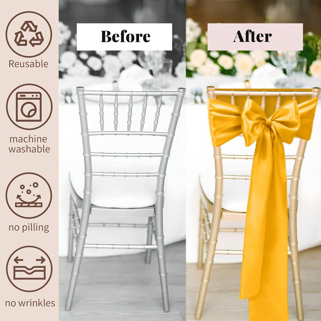 Regine Switzerland Satin Chair Sashes - 50 Pcs Gold Ribbon Bows for Weddings & Events | 7x108 Inch