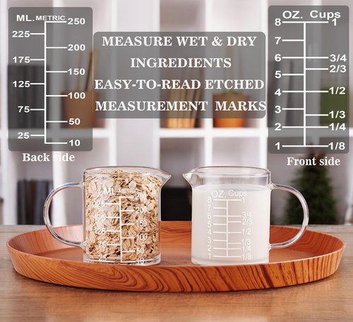 Ackers Etched Graduated Glass Measuring Cup - [Insulated Handle | V-Shaped Spout] - High Borosilicate Glass Measuring Cup for Kitchen or Dining, Easy to Read, 250ml (8oz, 1 Cup)