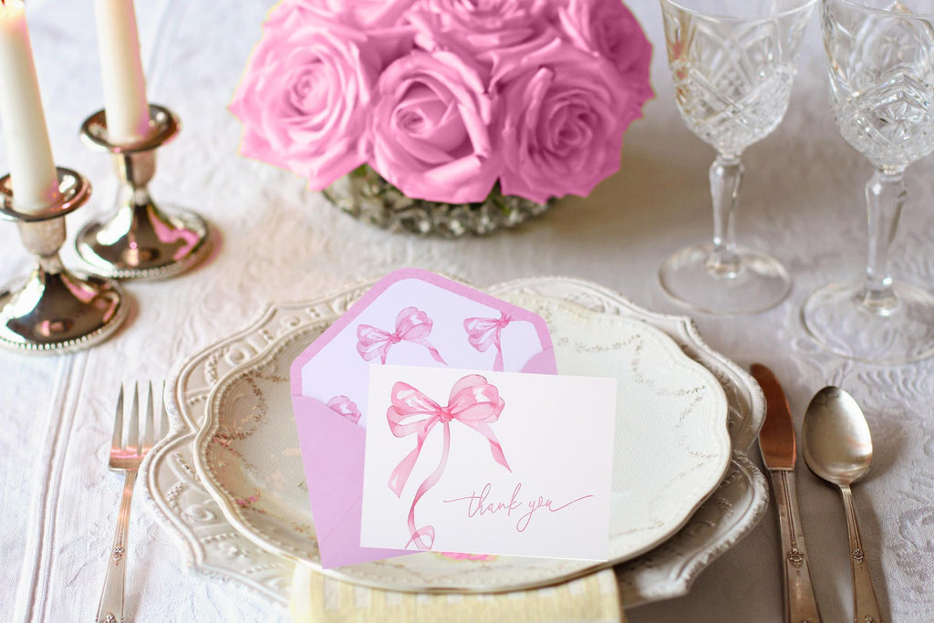 30Pack Pink Bow Thank You Cards with Envelopes Stickers Bow Blank Note Card Watercolor Greeting Card for Wedding Party Birthday Supplies (Pink)