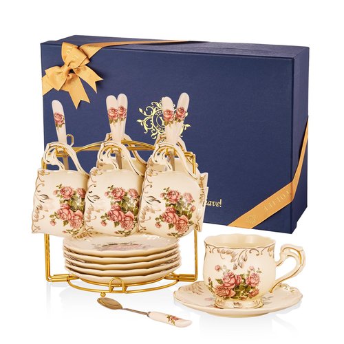 YOLIFE 8 OZ Tea Cups and Saucers Set of 6, Ivory Porcelain Tea Cups Set with Stand, Rose with Gold Leaves Trim Design, Gift for Women (Includes Gift Box, Tote Bag, Greeting Card)