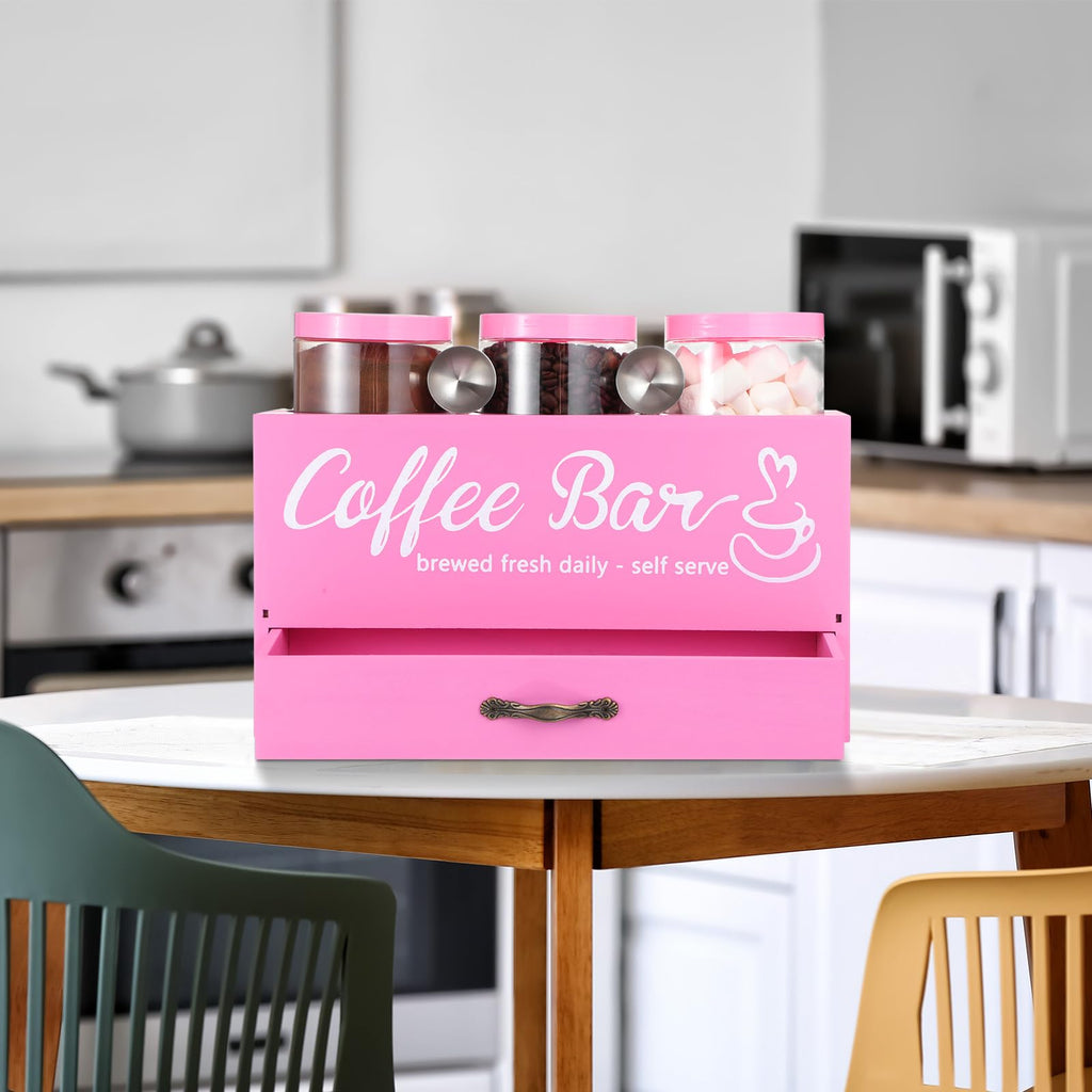 Skybooly 3 Pcs Coffee Bar Containers Set Include Coffee Sugar Container with Lid and Spoon and Double Layer Storage Box with Drawer for Bar Kitchen Countertop (Pink)