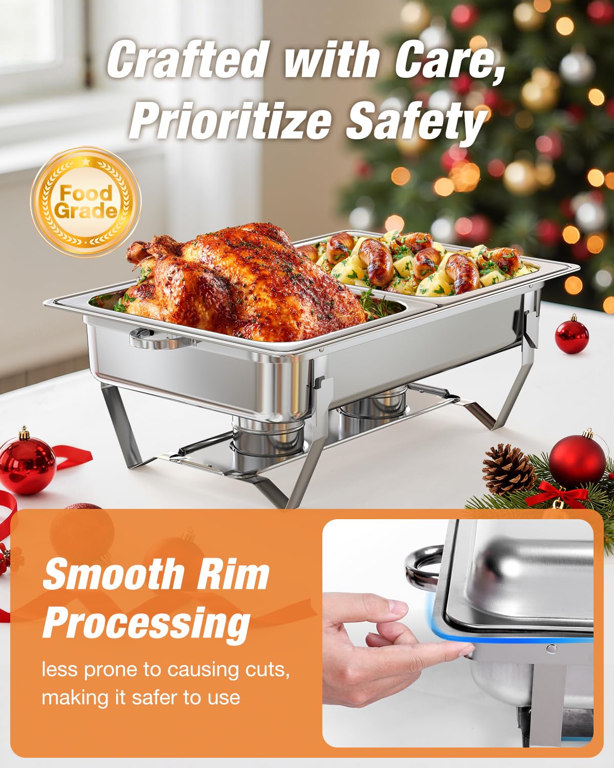 WARMOUNTS Rectangular Chafing Dishes for Buffet with Glass Lid (9QT, 2 Pack), Large Chafers and Buffet Warmers Set w/Mirror-Polished Stainless Steel, Rolled Rim, Lid Holder, Foldable Frame for Party