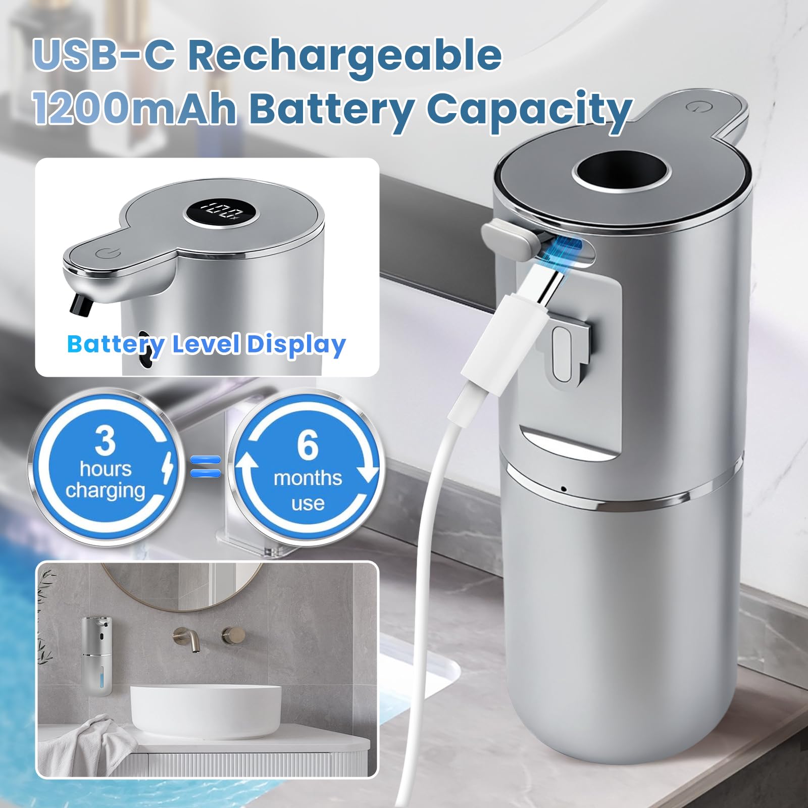 Automatic Soap Dispenser, Touchless Liquid Soap Dispensers, USB Rechargeable, 6-Level Adjustable Volume Control, 12.8oz/380ml, Wall Mount for Kitchen, Bathroom, Free Liquid Dispenser Stickers (Silver)