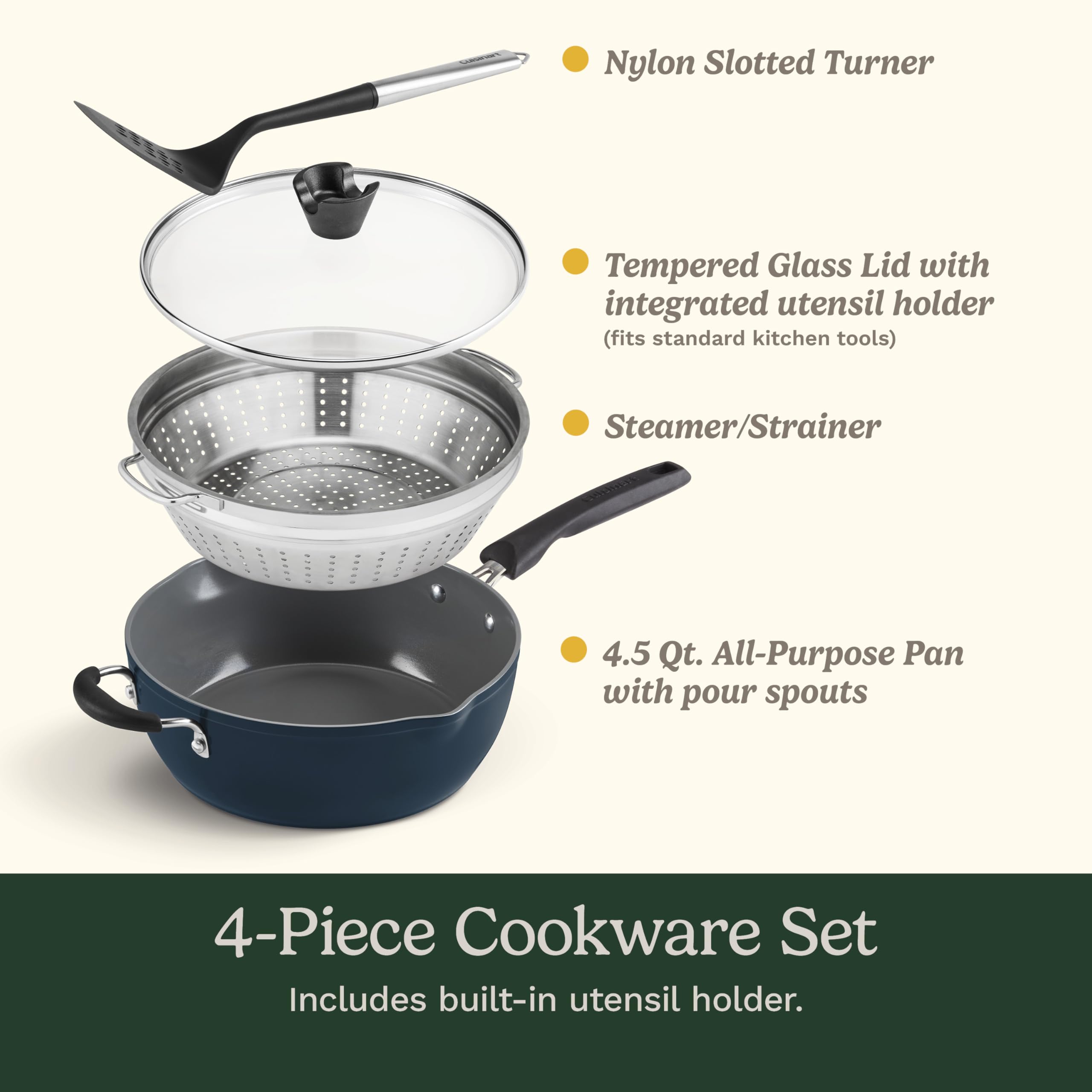 Cuisinart Preferred Pan 4-Pc Set - Nouveau Navy (4.5 Qt. Multi-Purpose Pan w/Cover, Steamer, Slotted Turner)