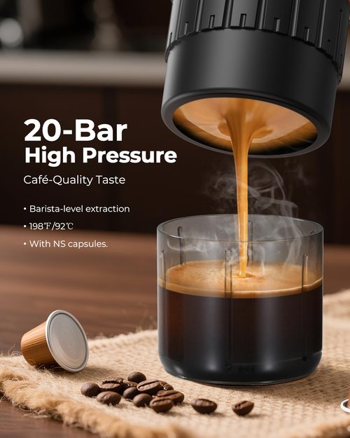 COTGCO Portable Espresso Maker 20 Bar Self‑Heating & Auto-off | 13500 mAh Battery Brews 8 Shots | 12 V Mini Coffee Machine Compatible with Nespresso Original Pods | Car/Travel/Camping
