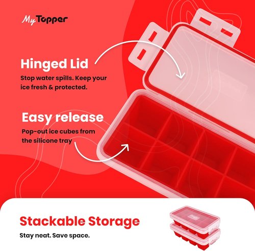 IceTopper XL Ice Cube Tray - Easy Release Silicone Molds with Lids, 8 Large Cubes, Stackable, BPA Free (2 Pack)