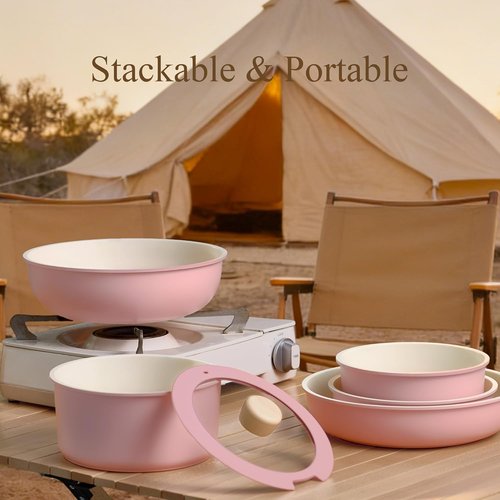 CAROTE Nonstick Cookware Set - 19-Piece Induction Pots and Pans with Detachable Handle | Oven Safe, Pink
