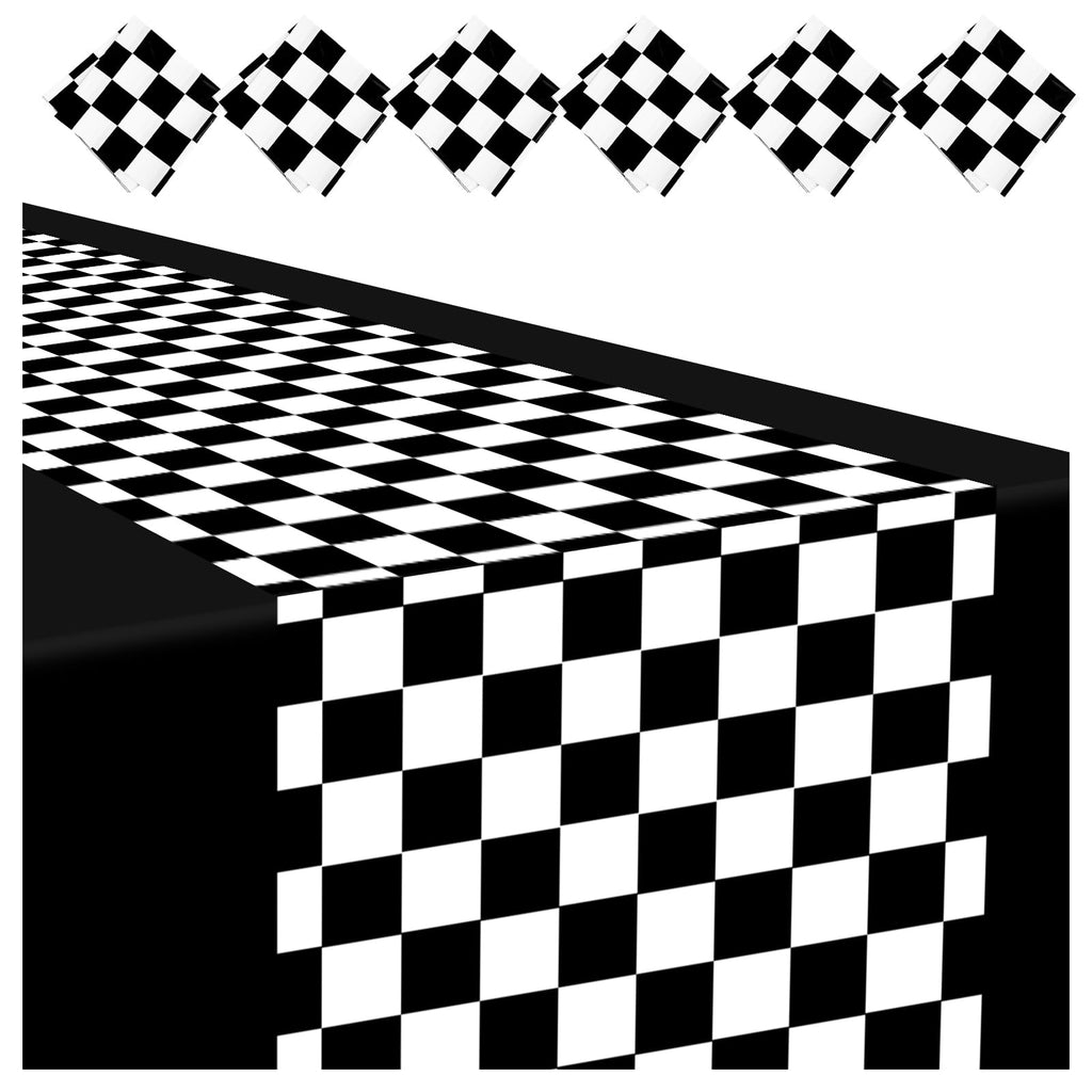 Plastic Checkered Table Runner, 14" x 108" Black & White Checkered Table Cloths, 6 Pcs Racetrack Road Table Runner for Birthday Racing Theme Party
