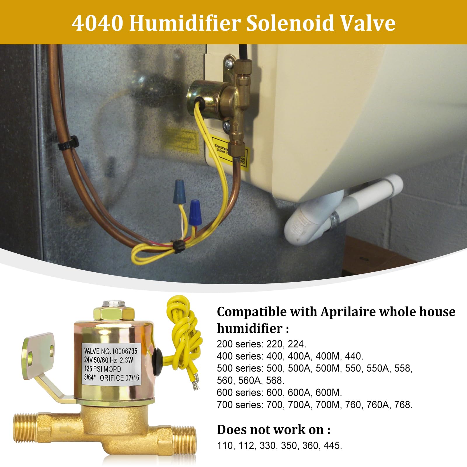 4040 Solenoid Valve for Humidifier - 24V Water Valve Compatible with April aire Whole House Humidifier Models 400 500 600 700 220 224 - Replaces B2015-S85 B2017-S85, Yellow