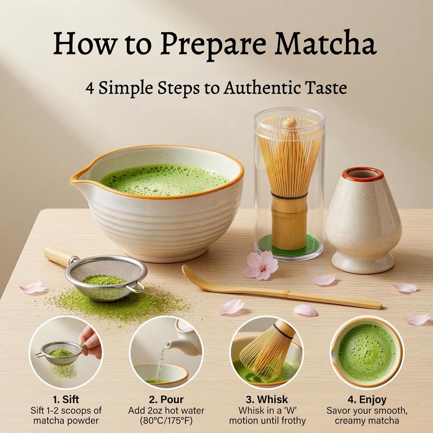 Skiennix 7-Piece Matcha Set - Japanese Matcha Kit with Ceramic Bowl, Whisk, Sifter & More