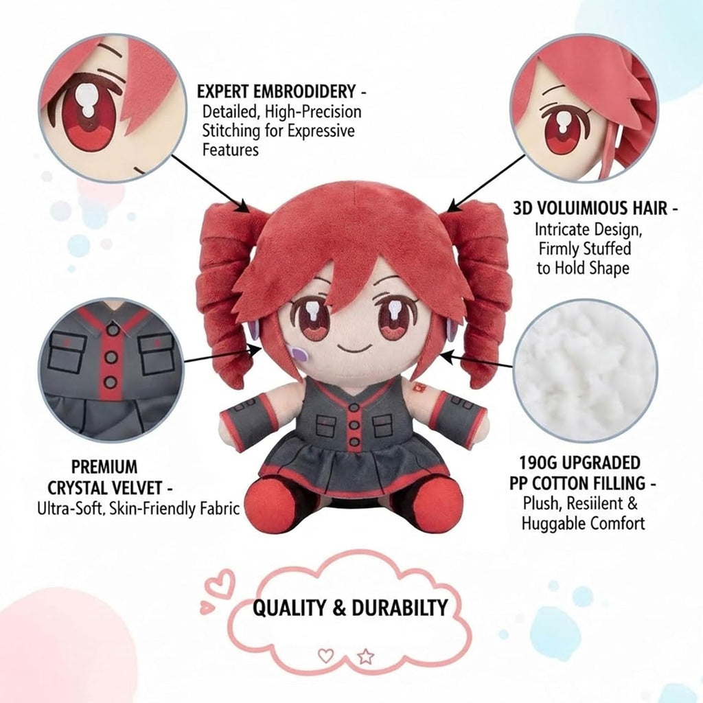 Skiennix Cute Anime Plush | 22cm Twin Tail Girl with 3D Hair | Soft Red & Black Outfit Stuffed Figure