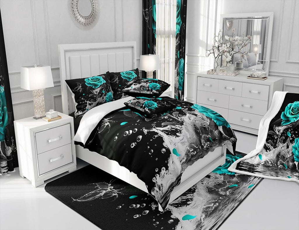Feelyou Teal Rose Bedding Set Queen Size Romantic Floral Blossom Comforter Set for Adult Black Teal Comforter Reflection on Water Quilt Set 3Pcs