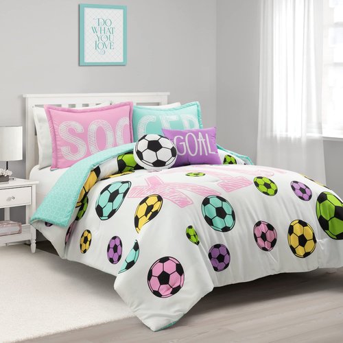 Lush Decor Girls Soccer Kick Reversible Comforter Queen Size 5 Piece Set Full/Queen White & Turquoise - Kids Bedding Set Queen Comforter - Soccer Bedding
