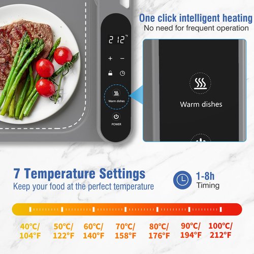 Extra Large Food Warming Pad,One-Touch Fast Electric Heating Tray,15x31.6"Rapid Heating Plate with Hanging and Foldable Storage,Portable Food Warmer for Parties, Buffets,Home Use and Travel (grey)