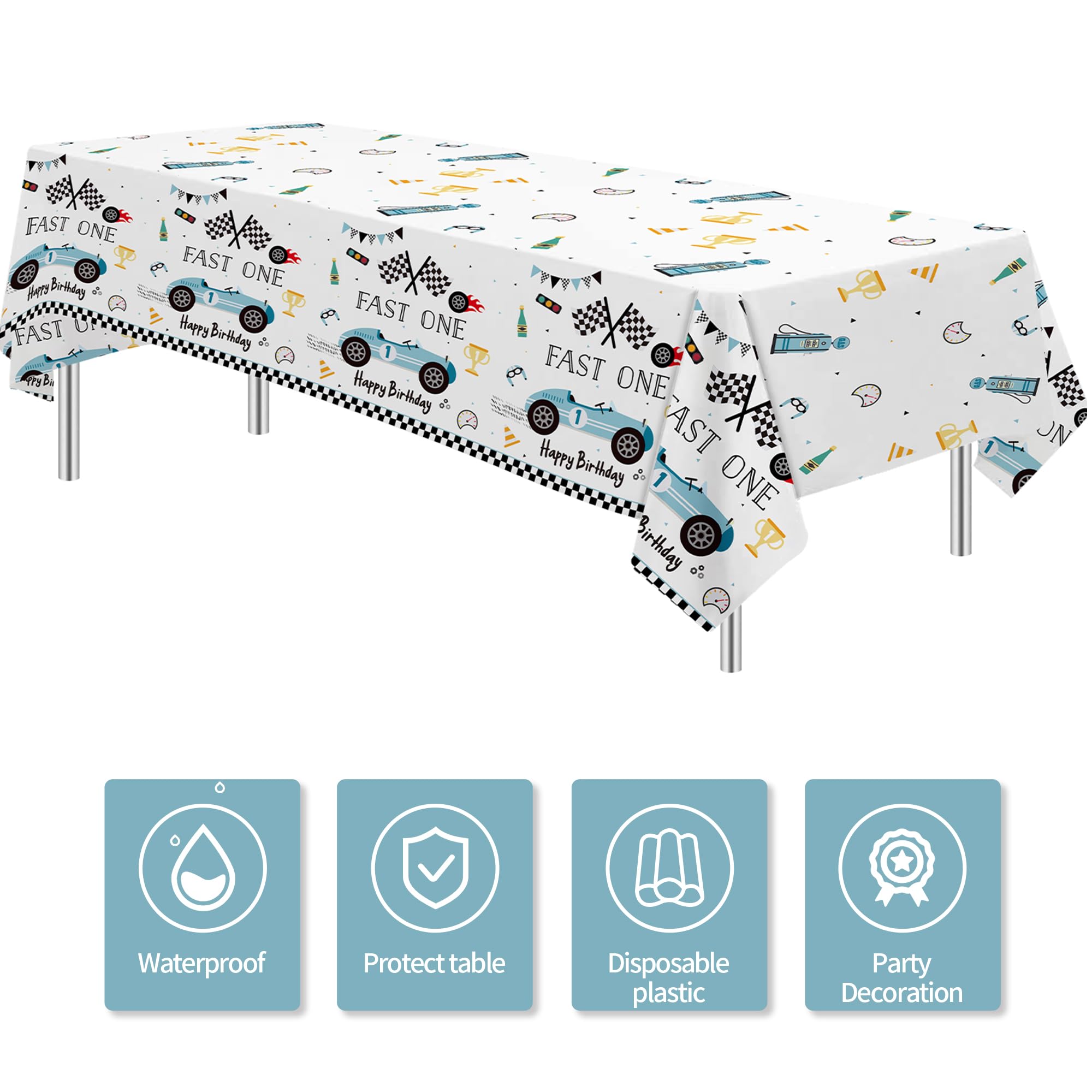 Suhelkit Fast One Birthday Decorations for Boys Tablecloth - Blue Race Car 1st Birthday Party Supplies Table Covers for Racing Car First | 3 Pack (54in x 108in)
