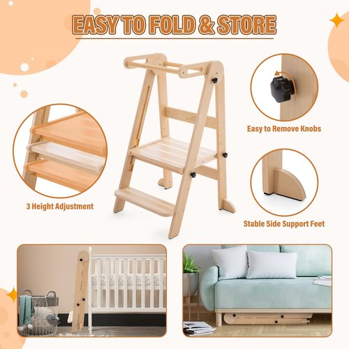 Gewitt Foldable Toddler Tower - Kitchen Step Stool Helper for Kids 1-6 Years, Montessori Toddler Standing Tower with 3 Adjustable Height for Kitchen Counter Bathroom