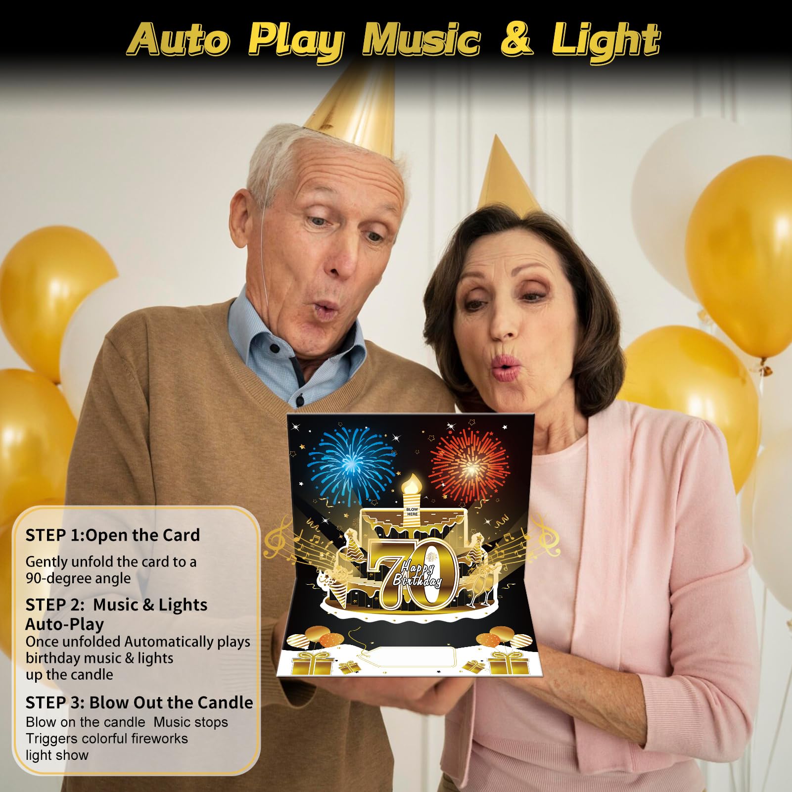 Turypaty 70th Birthday Cards Pop Up 3D Cake - Firework & Music & Blow Out Candle Light Funny Happy 70 Black Gold Birthday Card Gifts for Men, Women, Friends, Boyfriend, Dad, Mom, Husband, Wife