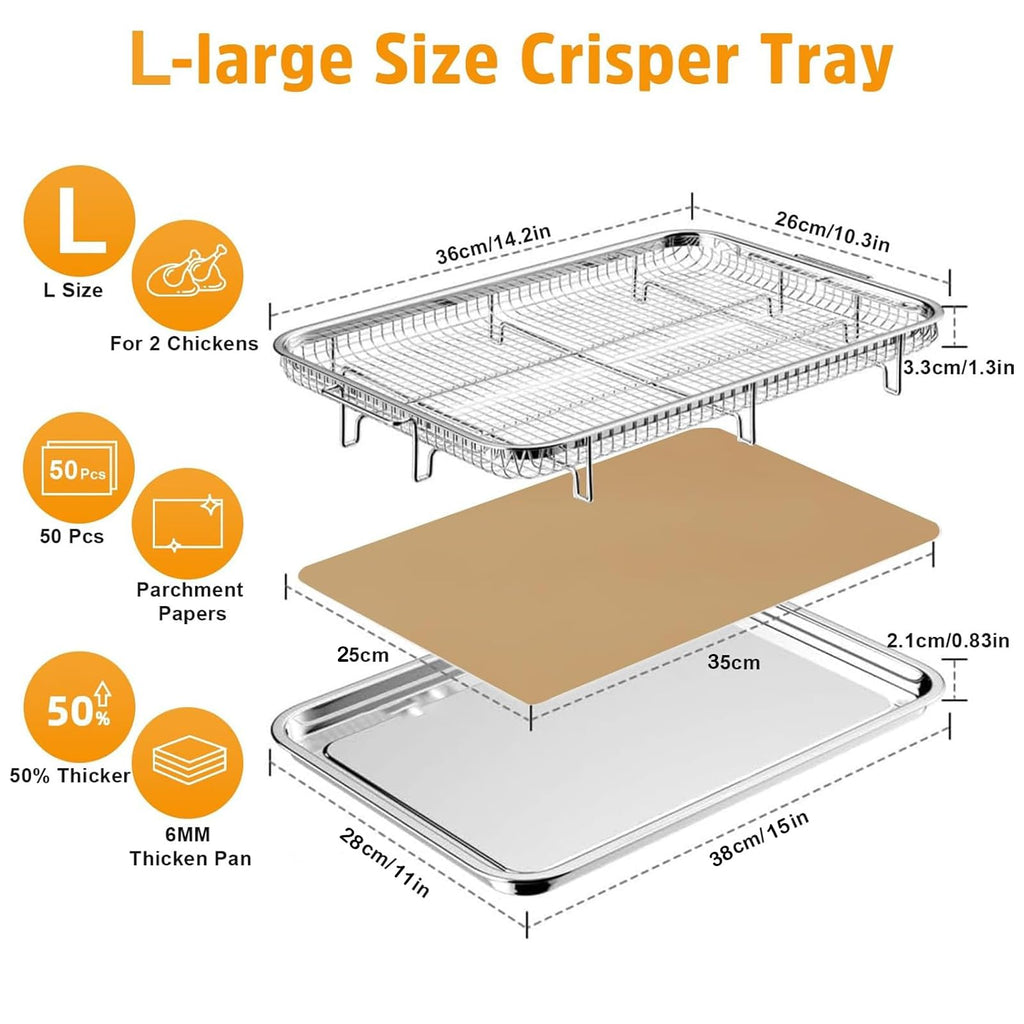 Air Fryer Basket for Oven 15" x 11", Stainless Steel Crisper Tray & Baking Pan Set with 50 PCS Parchment Paper, Oven Air Fryer Rack for Bacon, Fries, Chicken, Healthy Oil-Free Cooking