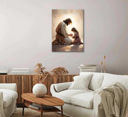 Jesus Praying with Girl Canvas Wall Art - Christian Spiritual Decor | Framed Bible Story Print for Home