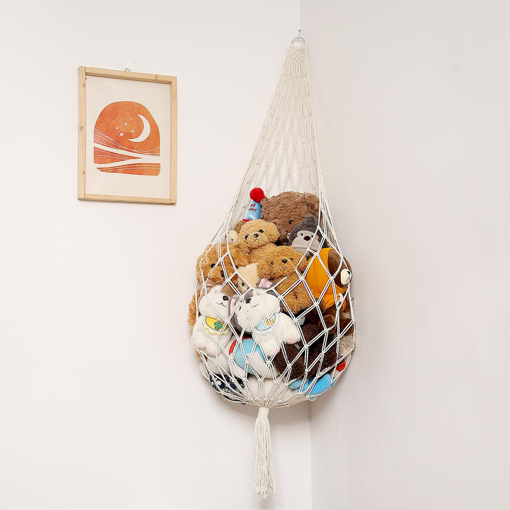 Amdermi Novel Stuffed Animal Hammock Corner Hanging Net for Stuff Aniaml Storage Macrame Toy Display Plush Toy Holder-Perfect for The Tiny Space Walls (Cream)