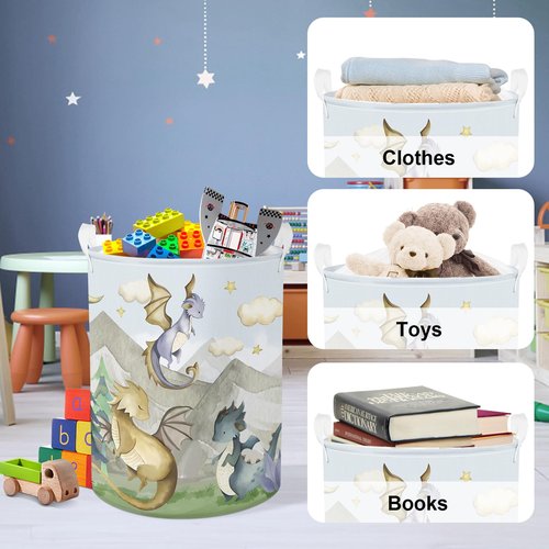 Clastyle 45L Kids Cute Dragon Nursery Hamper Mountain Tree Dirty Clothes Collapsible Laundry Basket Round Cloud Toys Storage Basket with Drawstring