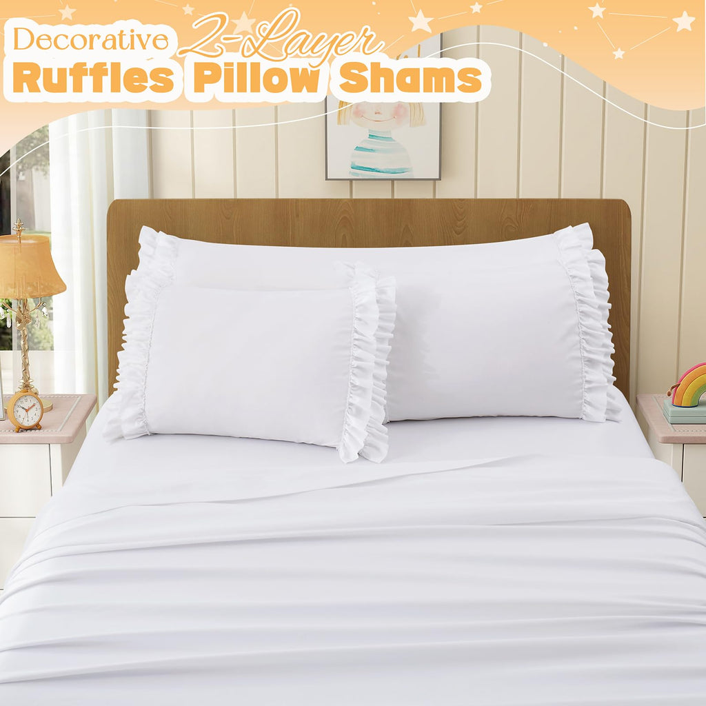 RUDONG M Ruffled Pillow Cases Set of 2, Standard Microfiber Pillowcases, Decorative Ruffle Pillow Covers with Envelope Closure, 20x26 Inches White Boho Pillow Shams