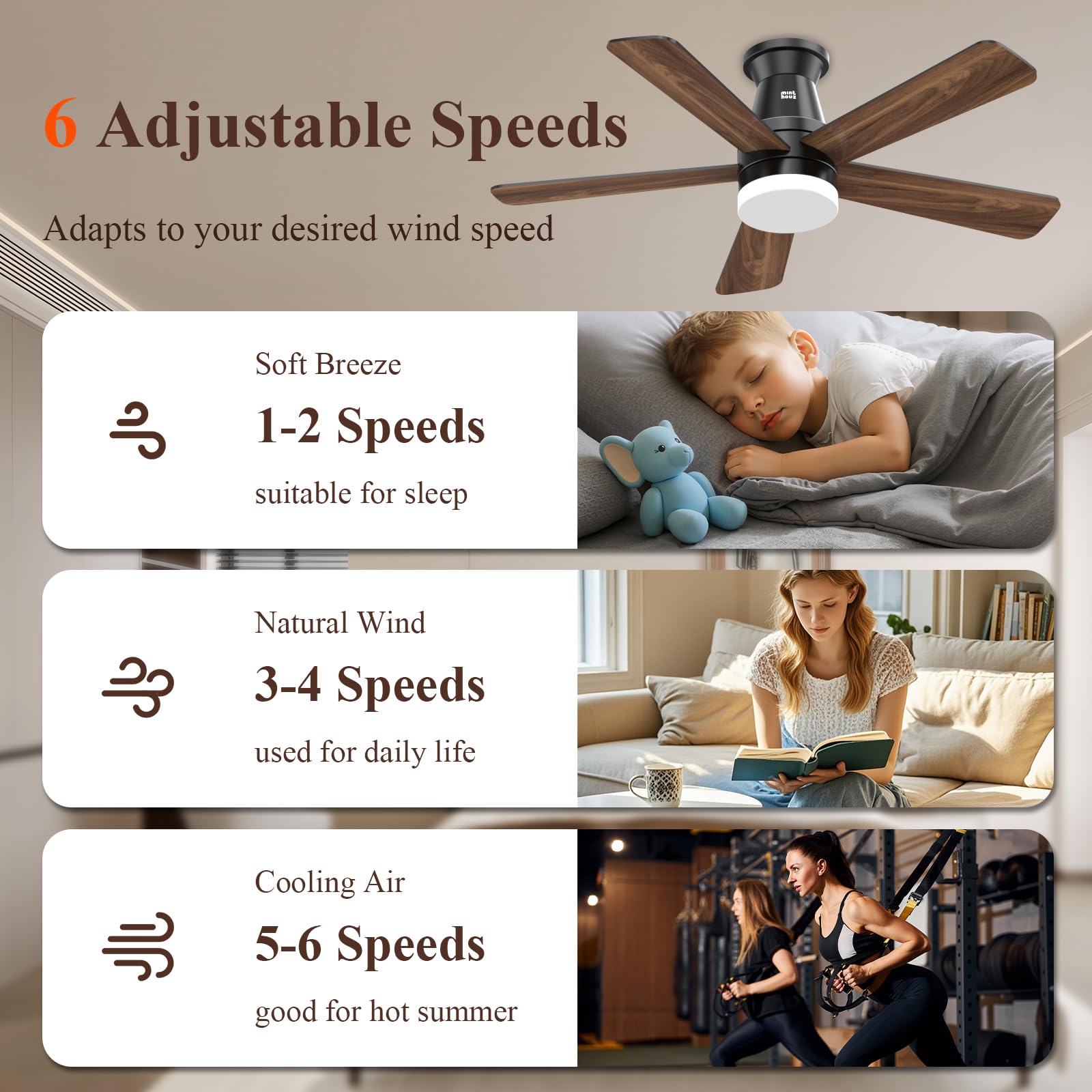 Minthouz Ceiling Fans with Lights, 42 inch Ceiling Fan with Light with APP/Remote Control, 6000K Dimmable LED, Modern Flush Mount Ceiling Fan for Indoor Bedroom Living Room, DC Reversible, Black