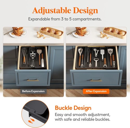 Lifewit Utensil Organizer - Expandable Kitchen Drawer Tray for Cutlery Storage | Adjustable 11-18 x 14", Black
